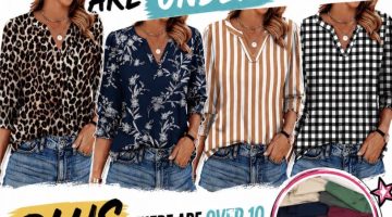 Promo collage advertising blouses under $6, showing four women modeling patterned shirts with bold promotional text and color swatches.