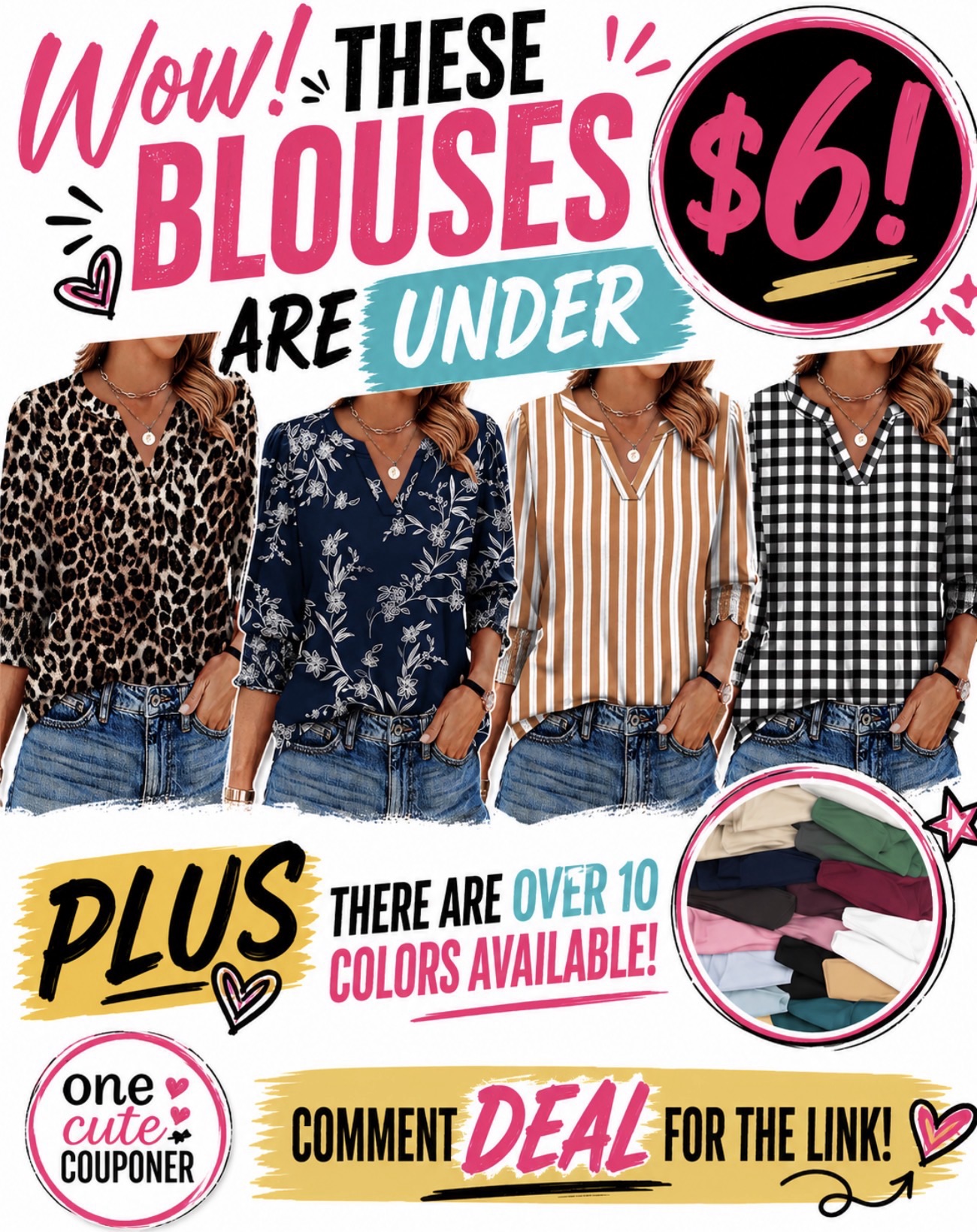 Promo collage advertising blouses under $6, showing four women modeling patterned shirts with bold promotional text and color swatches.