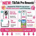 Infographic for TikTok Pro Rewards: four steps to earn 900,000 points—download, log in, tap Events, play the soccer game.