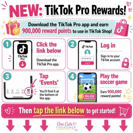 Infographic for TikTok Pro Rewards: four steps to earn 900,000 points—download, log in, tap Events, play the soccer game.