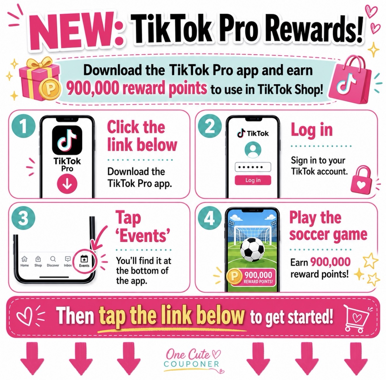 Infographic for TikTok Pro Rewards: four steps to earn 900,000 points—download, log in, tap Events, play the soccer game.