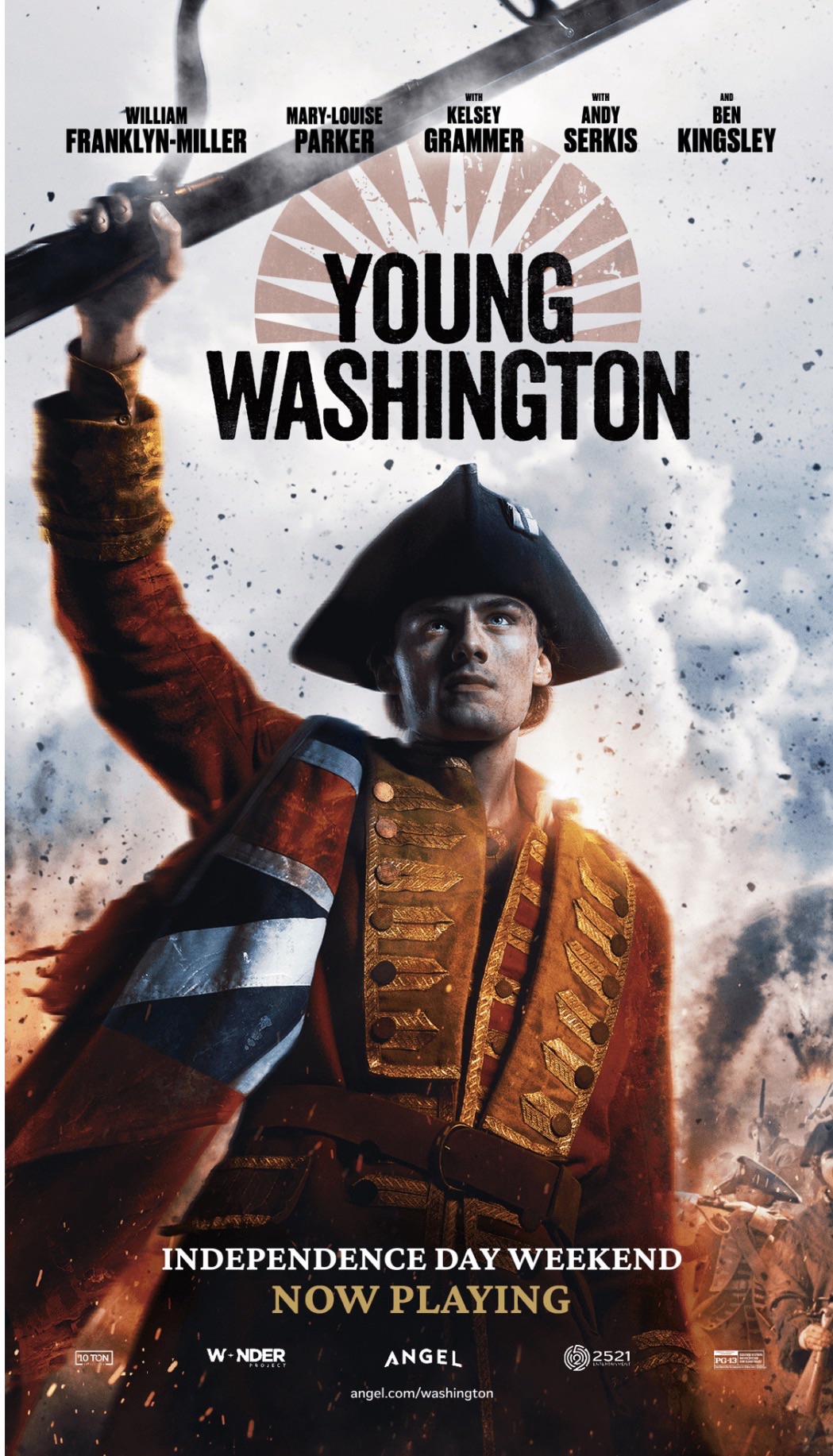 Promotional poster for Young Washington: a colonial soldier in a red coat and tricorn hat raises a rifle, with the title 'Young Washington' and 'Independence Day Weekend' text above and below.